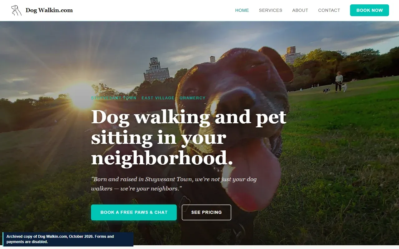 Home page of the Dog Walkin.com website: a close-up photo of a happy dog in a city park under the headline Dog walking and pet sitting in your neighborhood.