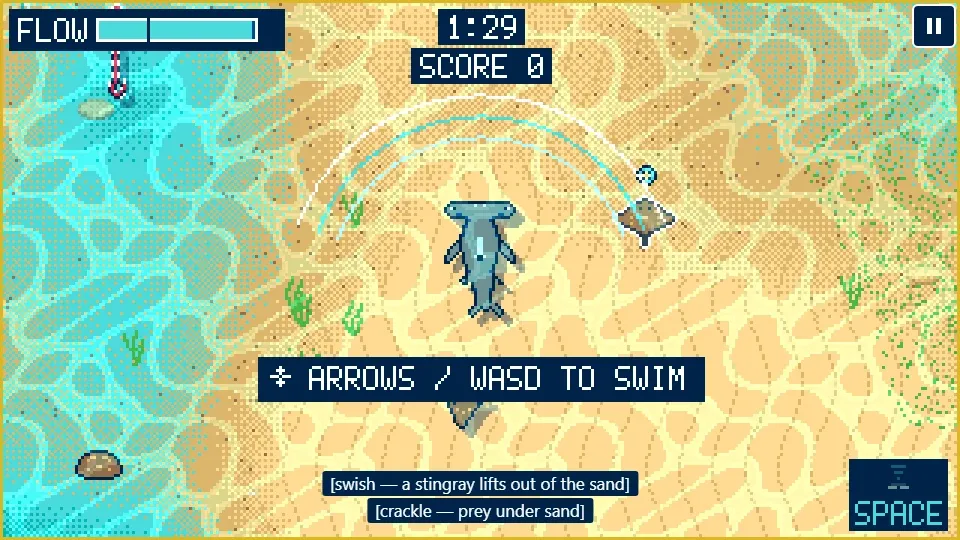 Hammerhead Run gameplay: a pixel-art hammerhead shark swimming over bright tropical sand flats.